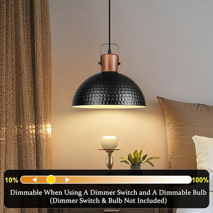 Black Pendant Light, 11.8" Hammered Metal Ceiling Hanging Light Fixture,Solid Wood Dome Pendant Lighting,Modern Industrial Chandelier for Kitchen Island, Dining Table, Restaurant, Farmhouse, Hallway