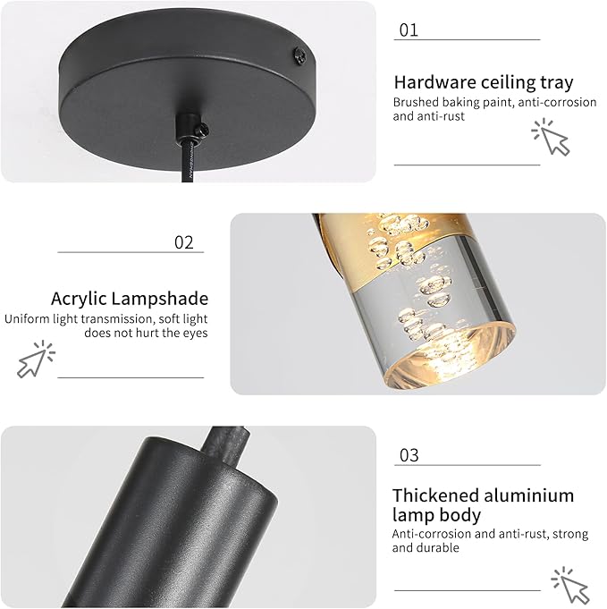 3 Pack Minimalist Kitchen Island Pendant Lights, Black Modern Linear Hanging Light Fixture, Bubble Acrylic, Adjustable 2700K/4500K/6500K, LED Ceiling Lamp for Dining Room, Bedside, Bathroom, Bar