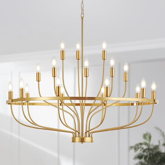 39.4" Modern Gold Chandelier Vintage 18-Lights Mid Century Modern Candle Style Chandeliers Light Fixture Large Rustic Golden Chandelier for Dining Room, Kitchen Island, Living Room, E12