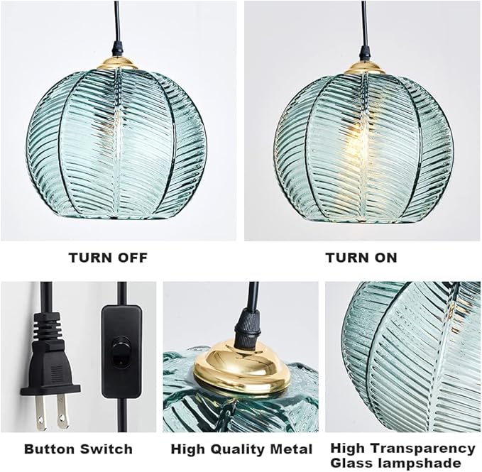 Plug in Glass Pendant Light Mid-Century Modern Striped Glass Hanging Ceiling Lighting Fixture with 14.7FT Cord, Globe Decor Chandelier for Living Room, Bedroom, Dining Hall, Kitchen (Green)