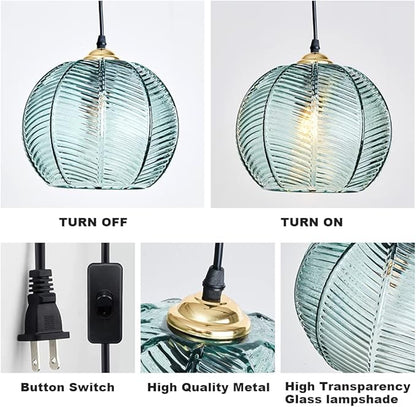 Plug in Glass Pendant Light Mid-Century Modern Striped Glass Hanging Ceiling Lighting Fixture with 14.7FT Cord, Globe Decor Chandelier for Living Room, Bedroom, Dining Hall, Kitchen (Green)