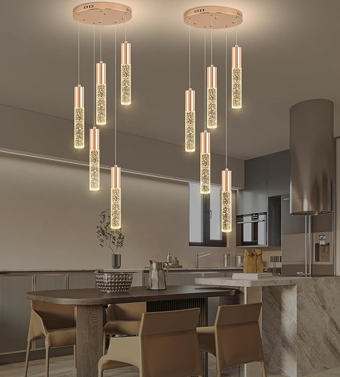 Modern Crystal Chandelier for Kitchen Island 5-Lights, Elegant Gold LED Bubble Pendant Lighting Fixture for Dining Room Bedroom Entryway
