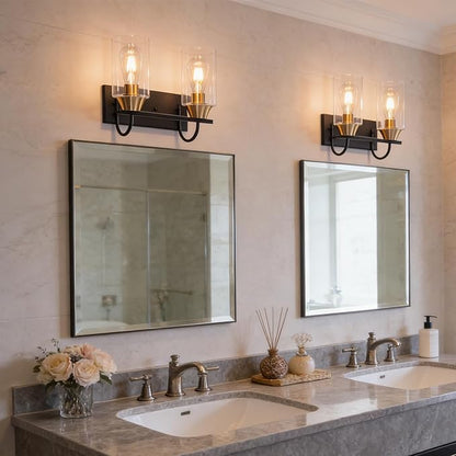 Bathroom Light fixtures, Black Gold Vanity Light, Black and Gold Wall Light Fixture with Clear Glass Shade,Modern Wall Lights for Mirror,Living Room (1, 2 Light)
