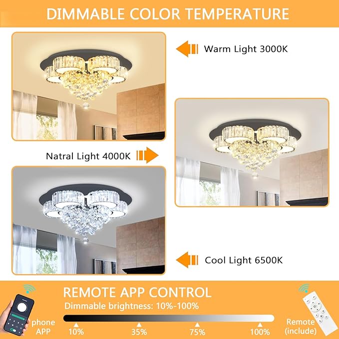 23.6" Black Modern Crystal Chandeliers for Dining Room LED Dimmable Light Fixtures Flush Mount Light Living Room Bedrooms