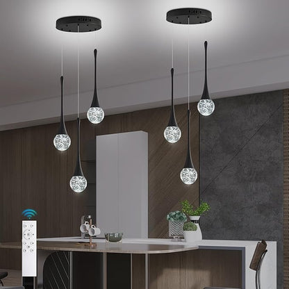 Modern Crystal Kitchen Island Chandelier 3-Lights Black, LED Dimmable Raindrop Indoor Lighting Fixture for Dining Room Foyer Entryway Remote Control