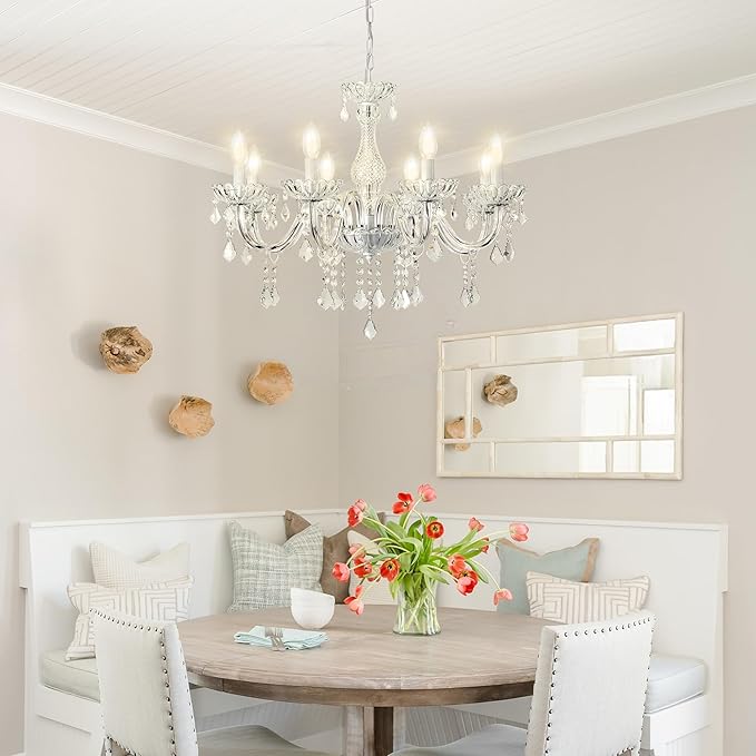 Crystal Chandelier Hanging Pendant Light Fixture,8 Lights Glass Candle Chandeliers for Kitchen Island Dining Rooms Bedroom Living Room Bar Ceiling Light