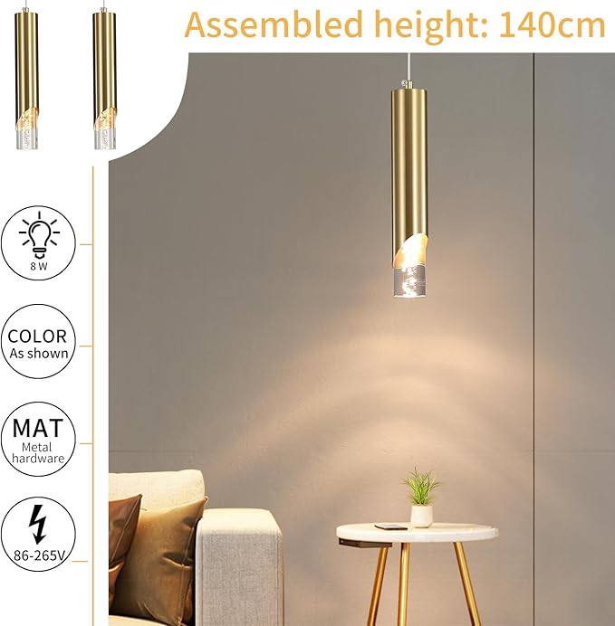 3 Pack Modern Gold Pendant Light Fixture, Acrylic Bubble Cylinder Hanging Lights, 3 Color Temperatures, Minimalist Ceiling Chandelier Lighting for Dining Room, Bedroom, Hallway, Bar, Kitchen Island