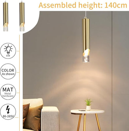 2 Pack Modern Gold Pendant Light Fixture, Acrylic Bubble Cylinder Hanging Lights, 3 Color Temperatures, Minimalist Ceiling Chandelier Lighting for Dining Room, Bedroom, Hallway, Bar, Kitchen Island