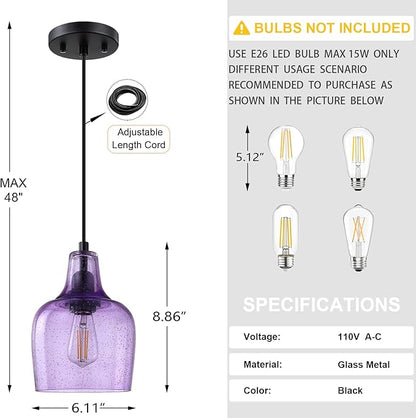 3 Pack 1 Light Hanging Indoor Kitchen Island Pendant Light 6.1" Seeded Purple Glass Pendant Ceiling Light Fixtures Black Finish Modern Farmhouse Dinning Over Sink