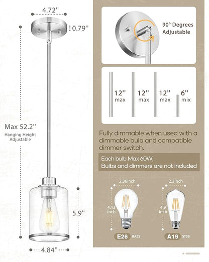 Beionxii Brushed Nickel Pendant Lights Kitchen Island 2 Pack, Hanging Lights Fixtures with Clear Glass, Kitchen Pendant Lighting Over Island, Hanging Lights for Sink Dining Room Entryway BX-PL02BN-2CG
