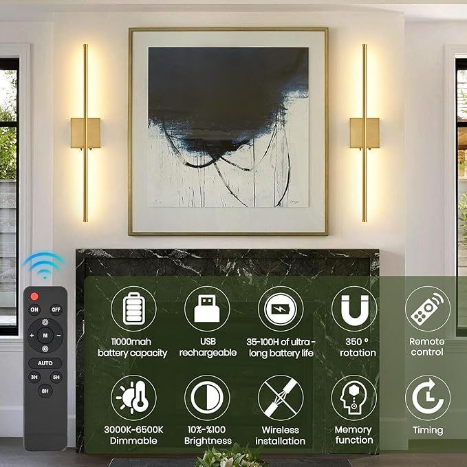 Battery Operated Wall Sconces Set of 2, 11000mAh Wireless Rechargeable Gold Wall Lights with Remote Control, 350°Rotate Dimmable Wall Lamp, 3 Color Temperatures, for Bedroom, Living Room, Hallway