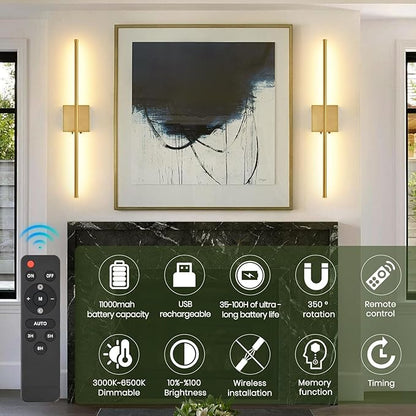 Battery Operated Wall Sconces Set of 2, 11000mAh Wireless Rechargeable Gold Wall Lights with Remote Control, 350°Rotate Dimmable Wall Lamp, 3 Color Temperatures, for Bedroom, Living Room, Hallway