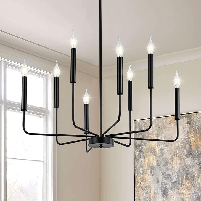 WOKNOS Modern Black Farmhouse Chandeliers, 8-Light Industrial Metal Chandelier Lighting, Classic Candle Hanging Pendant Light Fixtures for Kitchen Bedroom, Dining Room, Living Room,Foyer