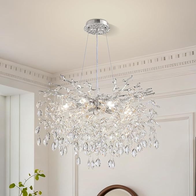 Modern Tree Branch Crystal Chandelier 23.6" Sliver Luxury Large Pendant Lighting 8-Light Contemporary K9 Crystal Chandeliers for Dining Room Kitchen Living Room Foyer Entryway (Sliver, D23.6"-Round)