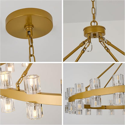 48 Inch Gold Crystal Wagon Wheel Chandelier, Modern Farmhouse Round 48-Lights Pendant Lighting Fixture, for High Ceilings Living Room, Bedroom, Foyer