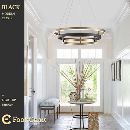 Modern Brass Chandelier for Living Room LED 3-Ring Dimmabel Chandelier Black & Gold Light Fixture Round Entry Foyer Chandeliers Lighting for Dining Room Bedroom Office 24in
