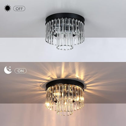 MEXO Crystal Flush Mount Ceiling Light Black Finish,2-Tier Crystal Close to Ceiling Light Fixture for Living Room Bedroom Dinning Room Hallway