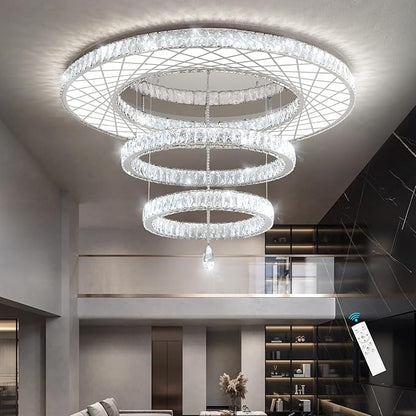 HAIXIANG 48 inch Large Size Glam Chandelier Crystal Ceiling Light for Living Room Chandeliers Lighting Fixtures with Remote Dimmable LED Light,Silver Chrome Luxury Interior Light