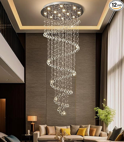 HAIXIANG LED High Ceiling Chandelier Crystal Chandeliers Light Fixtures with Dimmable Light Bulbs Gold Living Room Foyer Chandelier Modern Pendants Lights for Entryway Staircase Silver