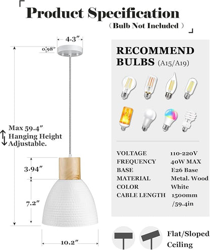 ELYONA 10.2” Hammered Pendant Light Fixtures, Metal & Rubber Wood Island Hanging Lamp, Adjustable Height, Modern Pendant Lighting for Kitchen,Farmhouse Bar,Dining Room,Bedroom, Nordic White