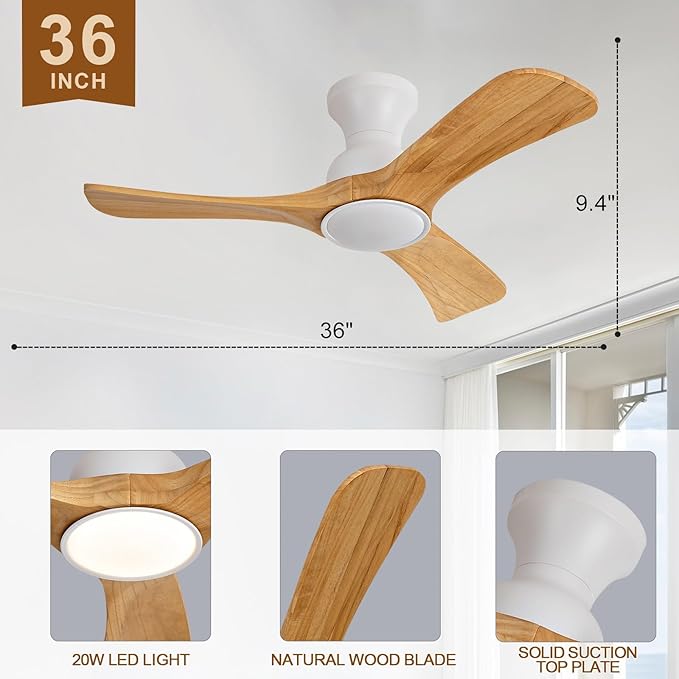 Flush Mount Ceiling Fans with Lights,36 inch,Remote Control,Wall Switch,Solid Wood Blades,Dimmable,Reversible Noiseless,Power Off Memory Modern Ceiling Fan for Bedroom Patio Indoor