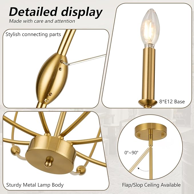 8-Light Candle Chandeliers, 35 Inch Brushed Gold Dining Room Light Fixture, Modern High Ceiling Chandeliers for Living Room, Entryway, Foyer