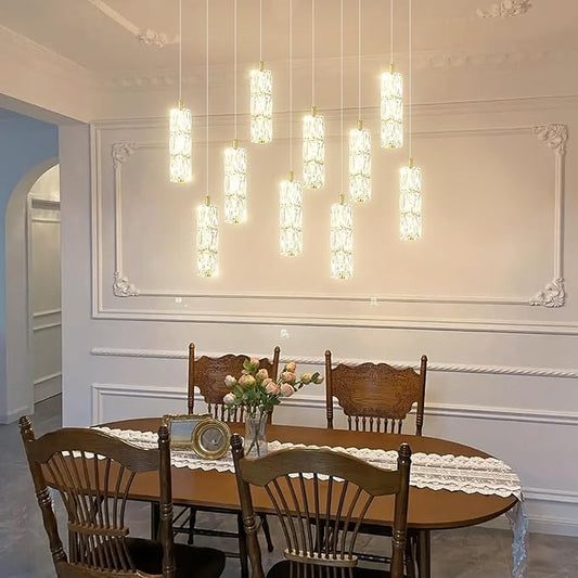 ykolupty Modern Crystal Chandelier 10-Lights Rectangle Pendant Light LED Dimmable Gold Linear Chandelier Flush Mount Crystal Pendant Light for Living Room Dining Room Foyer