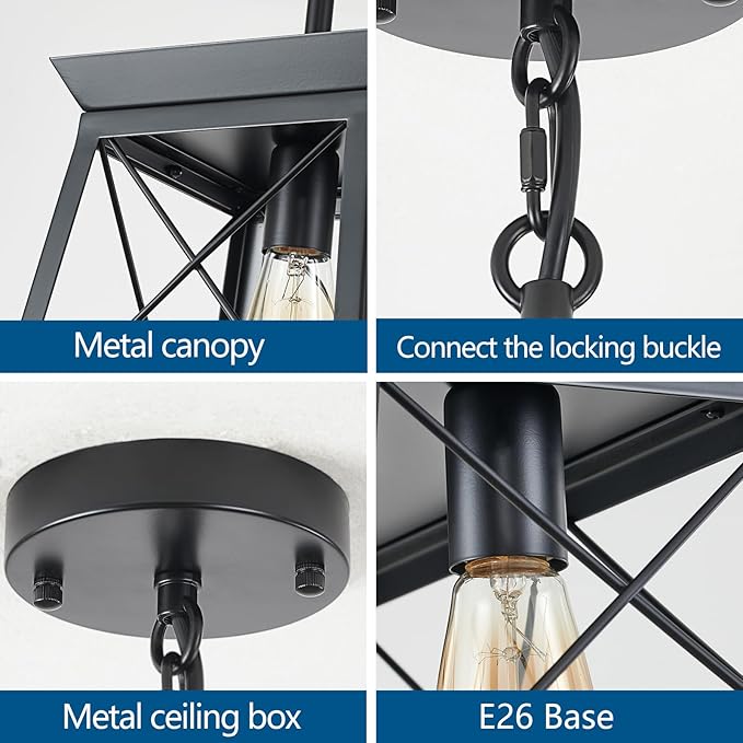 Black Farmhouse Pendant Lights, Industrial Kitchen Island Lighting, Rectangle Linear Cage Chandeliers for Kitchen, Dining Room Table