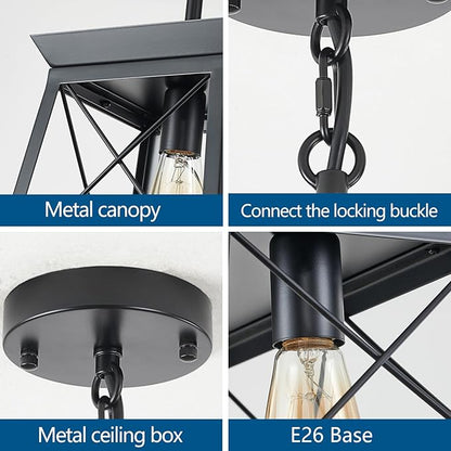 Black Farmhouse Pendant Lights, Industrial Kitchen Island Lighting, Rectangle Linear Cage Chandeliers for Kitchen, Dining Room Table