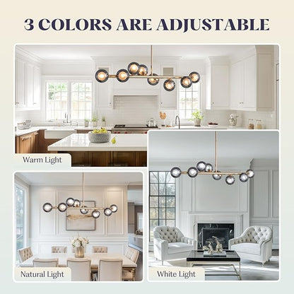 Mid Century Chandelier, Gold Sputnik Pendant Light with Smoky Gray Glass Lampshade,8 Lights Globe Rectangle Linear Chandeliers for Dining Room Kitchen L41INxW10IN