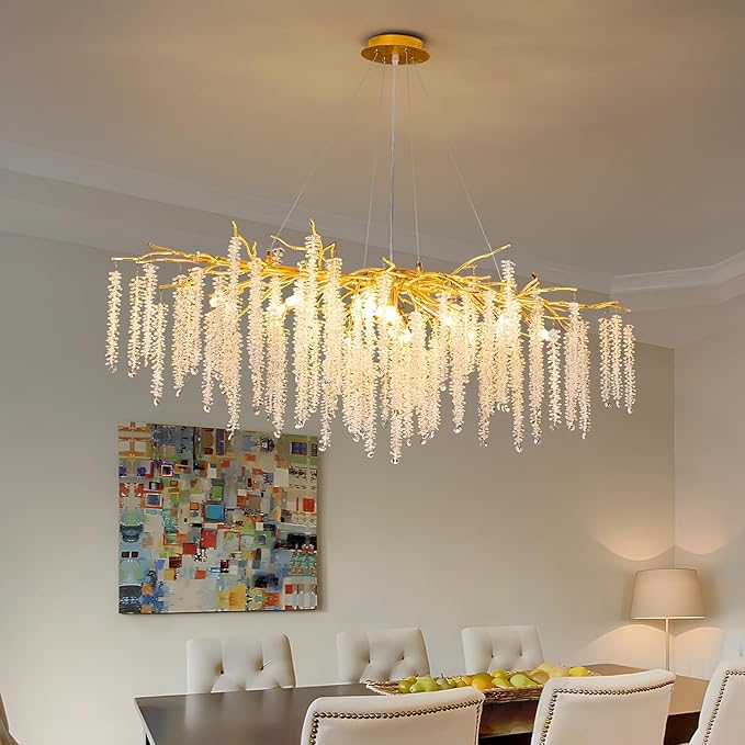 Tree Branches Chandeliers L39.5 Inch Gold Luxury Rectangular Crystal Raindrop Pendant Light 13 Lights Kitchen Island Hanging Light Fixture for Living Room Dining Room Foyer Entryway
