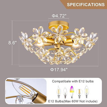 TOCHIC Flush Mount Ceiling Light Fixture, Crystal Chandelier Gold Semi Flush Mount Ceiling Light 18" Contemporary 6-Light Chandeliers for Bedroom Living Room Entryway Bathroom
