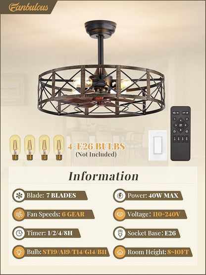 Fanbulous 23 Inch Fandelier Caged Ceiling Fans with Lights and Remote, Black Farmhouse Ceiling Fan, Bladeless Samll Fan Lights Ceiling Fixtures for Kitchen, Bedroom-Black and Gold