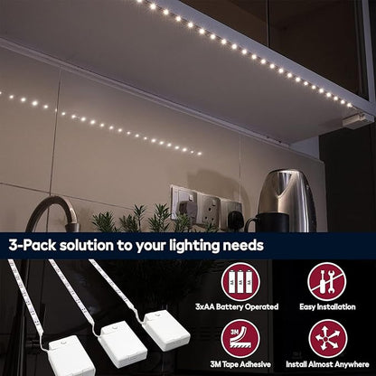 BestLuz Battery Powered LED Strip Lights, 3 Pack 40 Inch Battery Operated LED Strip Lights for Shelves and Under Cabinet Indoor Use, Cordless LED Light Strips Warm White 2700K
