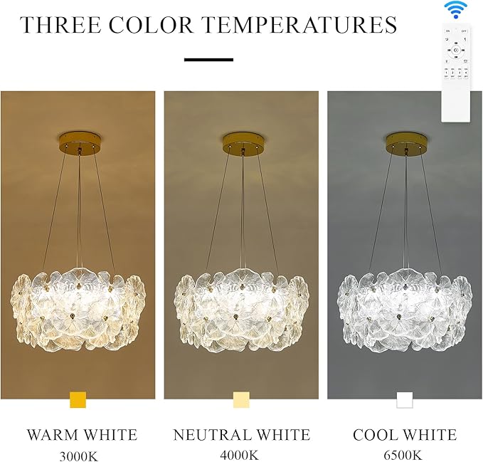 Modern Gold Glass LED Chandelier 20" Elegant Lotus Leaf Dimmable Ceiling Chandeliers with Remote Control Luxury for Foyer Entryway Living Dining Room(3000K-6500K)