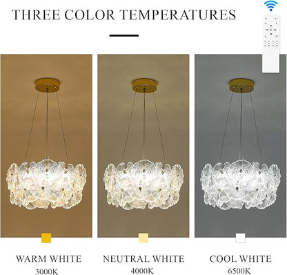 Modern Gold Glass LED Chandelier 20" Elegant Lotus Leaf Dimmable Ceiling Chandeliers with Remote Control Luxury for Foyer Entryway Living Dining Room(3000K-6500K)