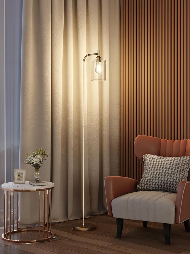 addlon Floor Lamps for Living Room Bright Lighting with Glass lampshade, Modern Bright Floor Lamp with LED Bulbs Industrial Standing lamp for beroom, Tall Pole Lamps Office - Brass Gold