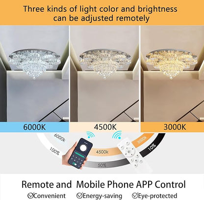 HAIXIANG Modern Chandelier Living Room Glam Chandeliers Ceiling Light Fixture Remote Dimmable Lights 32 Inches Luxury Crystal Silver Light