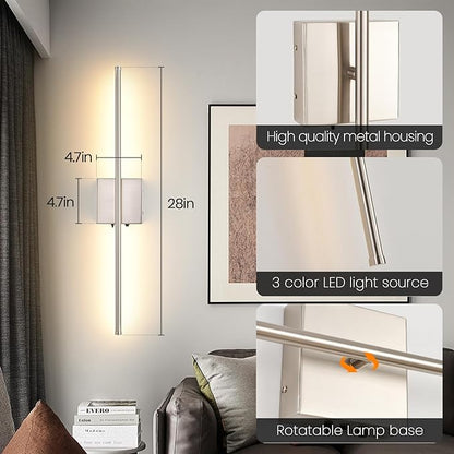 Brushed Nickel Battery Operated Wall Sconces Set of 2, 11000mAh Wireless Rechargeable Wall Lights with Remote Control, 350°Rotate Dimmable Wall Lamp, 3 Color Temperatures, for Bedroom, Living Room