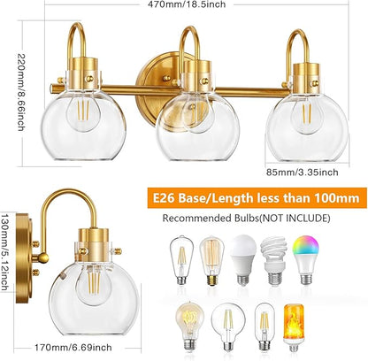 3-Light Vanity Light, Brushed Brass Bathroom Light Fixtures, Farmhouse Wall Sconces with Globe Clear Glass Shade, Porch Wall Mount Lamp for Mirror, Kitchen, Porch, Living Room, Workshop (E26 Base)