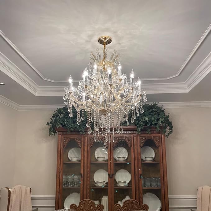 Modern Gold Chandelier Light Fixture - Large Maria Theresa Crystal Chandeliers for Dining Room, Kitchen Island, Living Room, Bedroom, 15 Lights, 2 Layers