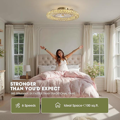 LUDOMIDE Flush Mount Ceiling Fan with Light, 22" Modern Crystal Chandelier Ceiling Fan with Smart 4-Light Color Change, Luxury LED Ceiling Fan, Low Profile Ceiling Fan for Bedroom (Gold)