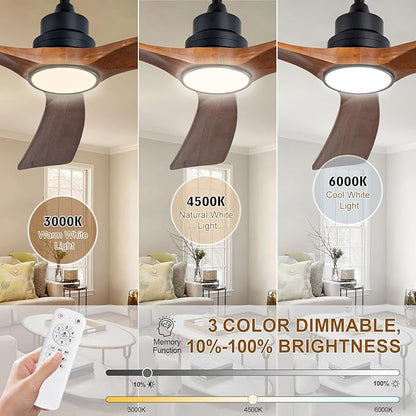 60 inch Ceiling Fans with Lights and Remote Control,Wall Switch,Solid Wood Blades,Dimmable,Reversible Noiseless,Power Off Memory Modern Black Ceiling Fan for Bedroom Patio Indoor/Outdoor Use