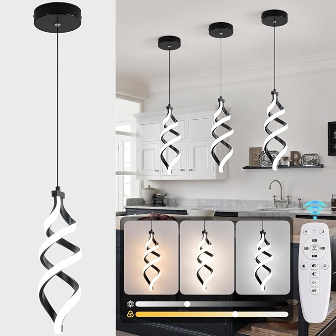 EIDISUNY Modern Led Pendant Light Fixture, 15W Black Spiral Led Chandelier Hanging Lamp, 3000K-6000K, Dimmable Pendant Lamp, Adjustable Height Pendant Light for Kitchen Island Dining Room Bedroom Cafe