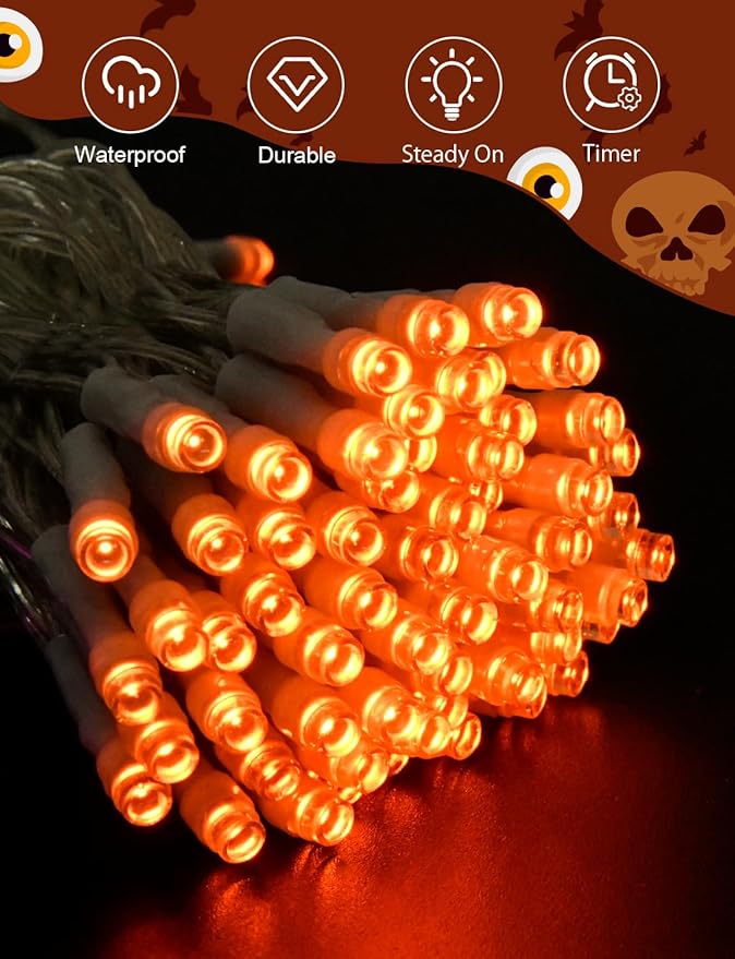Cshare Halloween String Lights Battery Operated With Timer - 9.8ft 30LED Orange Waterproof Lights for Outside Decorations, Party, Yard, Pathway, Indoor and Outdoor
