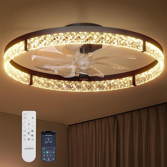 addlon Ceiling Fans with Lights and Remote, 24'' Low Profile Flush Mount Ceiling Fan, 3000–6000K Dimmable LED Fandelier, Bladeless Crystal Fan Light for Bedroom, Kitchen, Living Room, Black