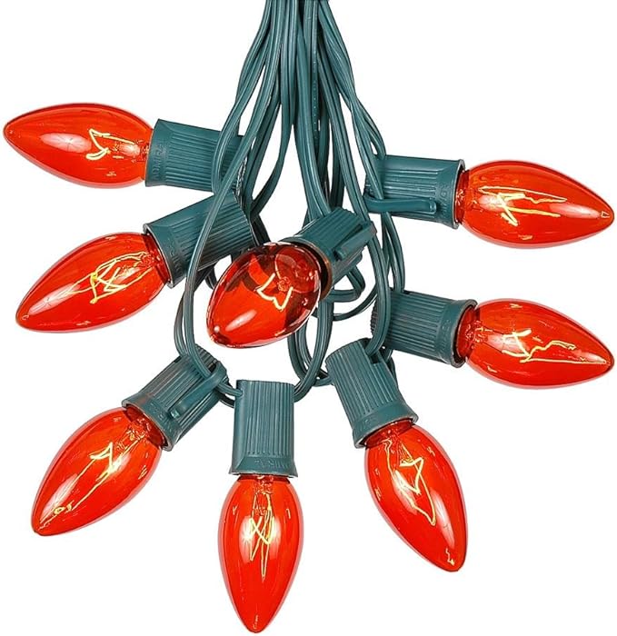 Novelty Lights C9 Orange Christmas String Light Set - Outdoor Christmas Light String - Hanging Christmas Lights - Roofline Light String - Outdoor Patio String Lights - Green Wire - 25 Foot