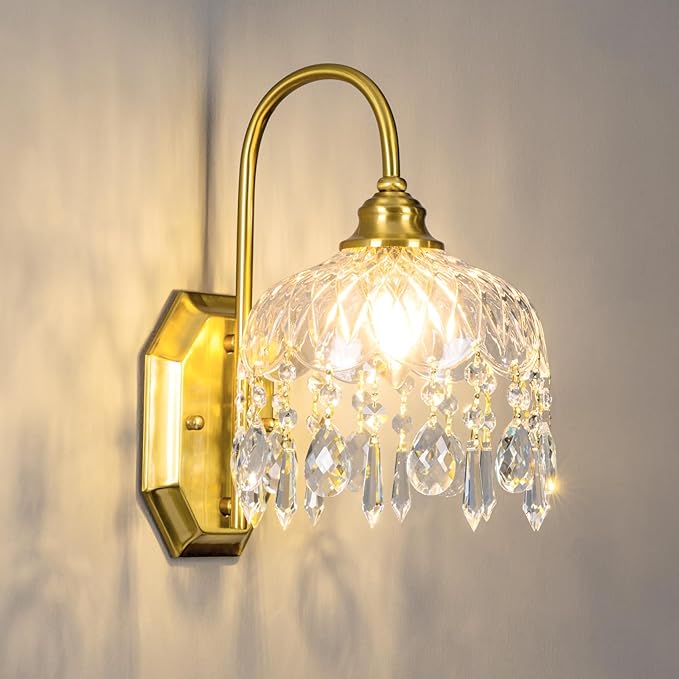 1-Pack Vintage Wall Sconce,Glass Crystal Wall Sconce,Matte Brushed Antique Brass Finish for Bedroom Bathroom Hallway Living Room Decor