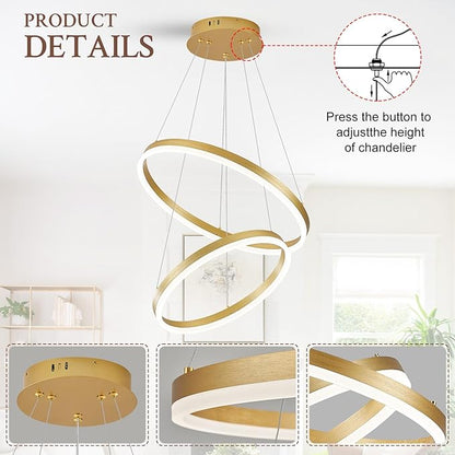Modern LED Chandelier Gold 2-Rings Pendant Light Circular Flush Mount Ceiling Chandelier Lighting with Remote Control for Bedroom Living Room Dining Room Entrance, 3000K-6500K
