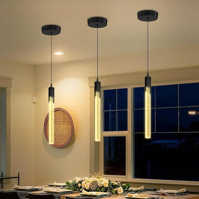 Flashing God Black Pendant Lights Modern LED Kitchen Island Light Crystal Mini Pendant Light with Dimmable LED Bubble Crystal Chandelier for Dining Room, Bedroom, Bar
